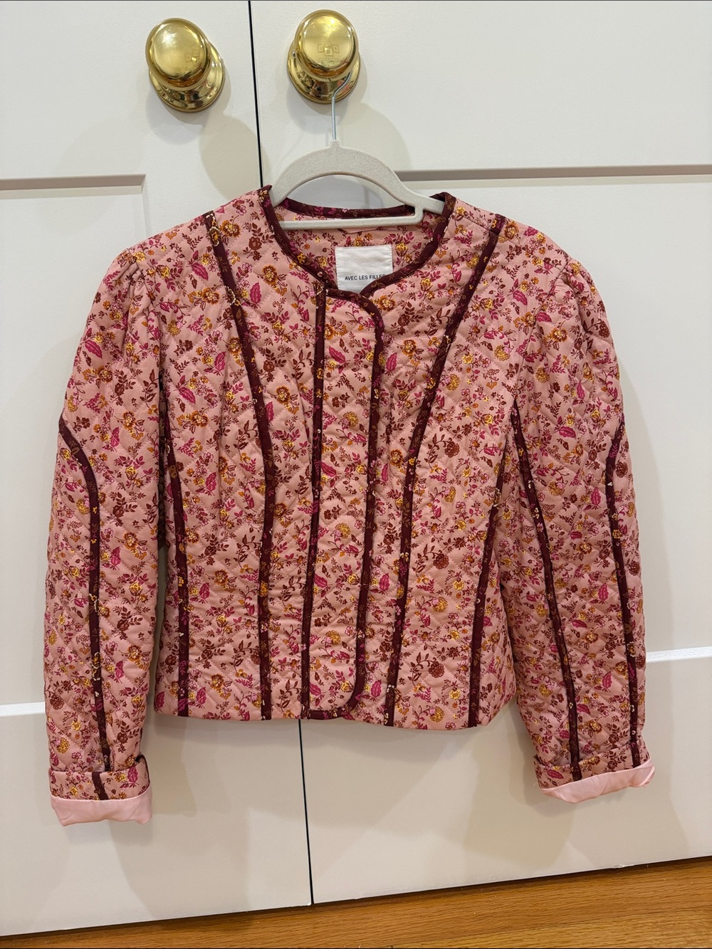 Maeve Pink Floral Quilted Bomber Jacket with Burgundy Trim